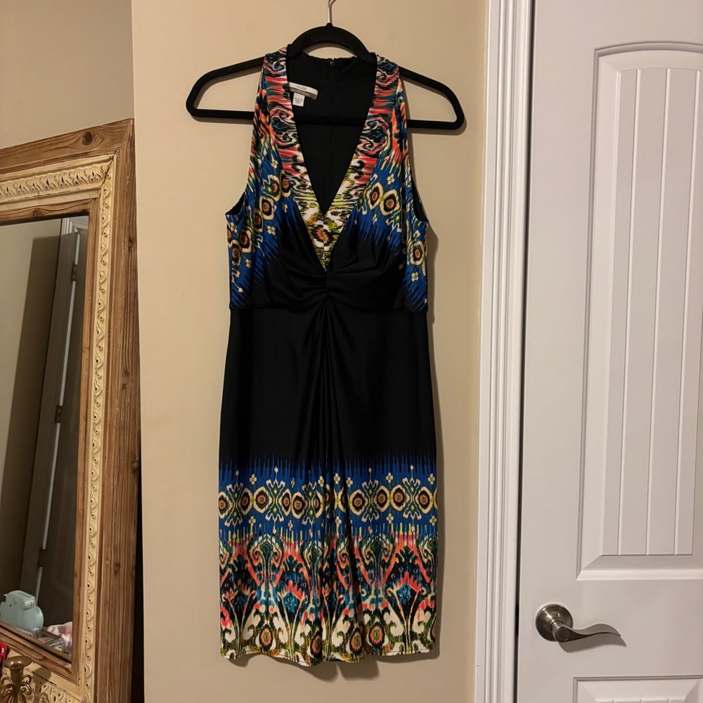 Boston Proper Black and Multicolor V-Neck Midi Dress
